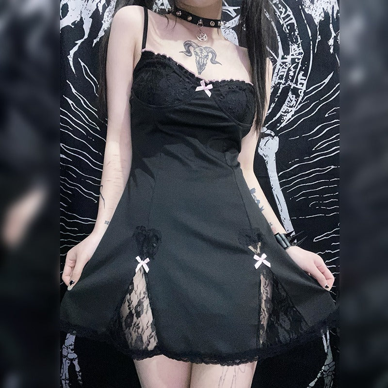 Aesthetic Mini Dress with Lace Patchwork and Spaghetti Straps