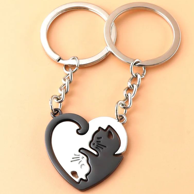 Cat Couple Heart Keychain Set