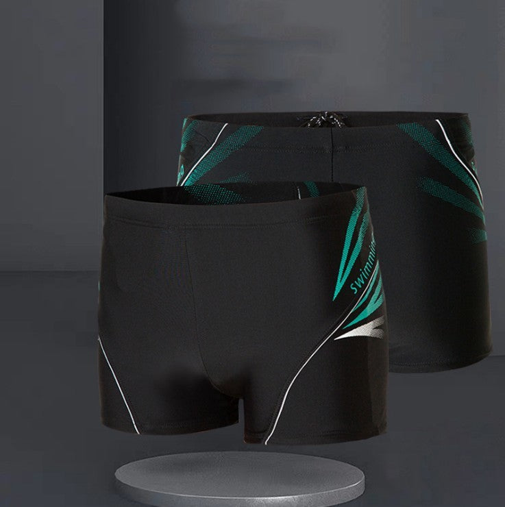 Men's Black and Green Square-Leg Swim Trunks