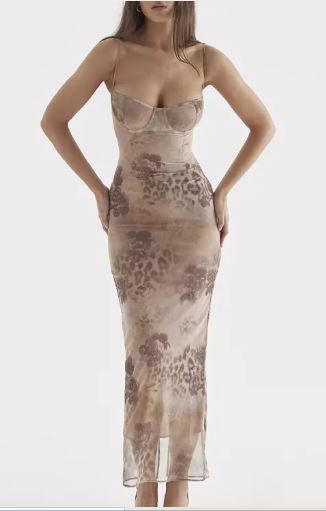 Lace-Trim Mesh Bodycon Maxi Dress