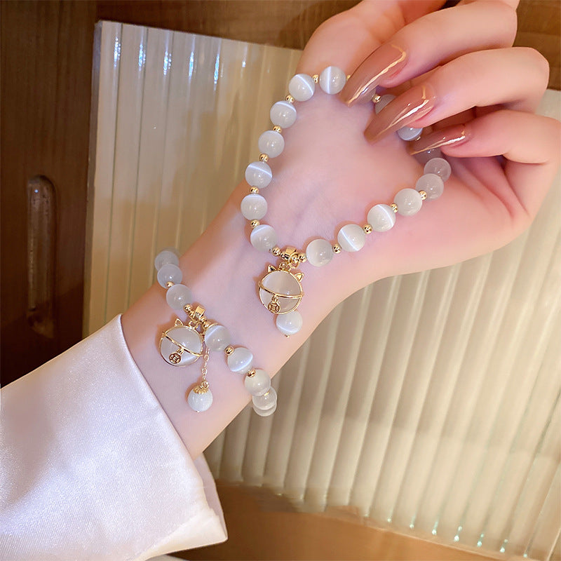 Opal Bead Bracelet with Fortune Cat Charm