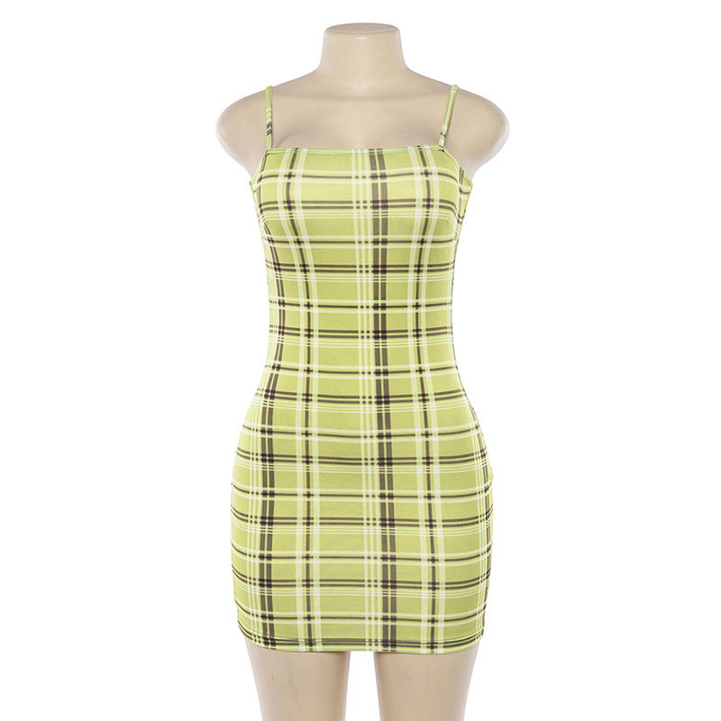 Autumn Plaid Bodycon Dress with Spaghetti Straps