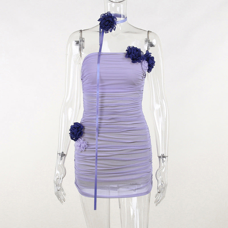 Mesh Color Contrast Floral Tube Top Dress with Scarf