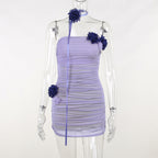 Mesh Color Contrast Floral Tube Top Dress with Scarf