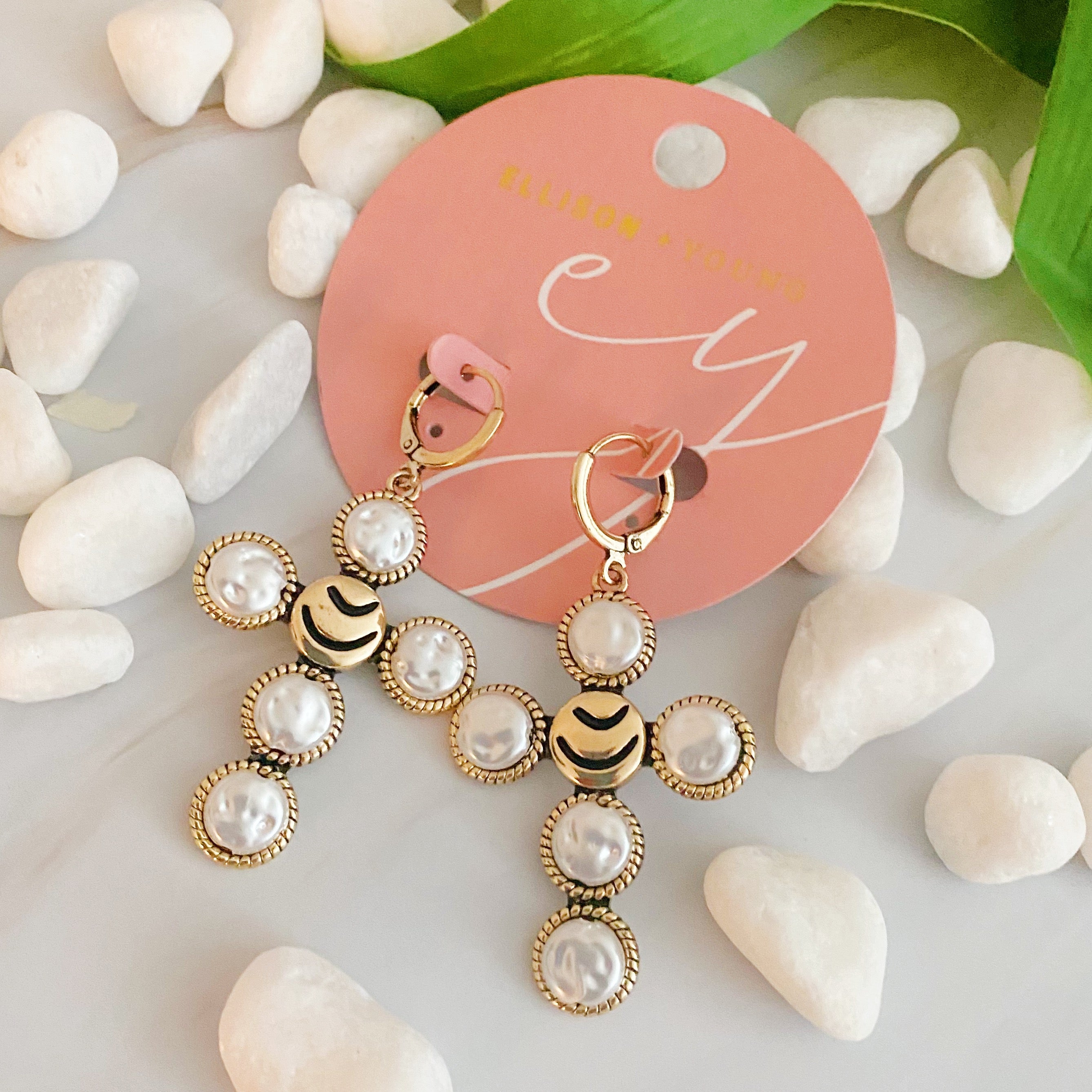 Pearl Cross Drop Earrings