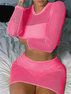 Fluorescent Green Sheer Long Sleeve Crop Top for Women