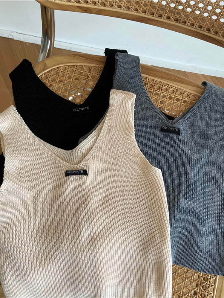 Elegant V-Neck Knitted Cotton Tank Top for Women