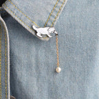 Enamel Cat Brooch Pin with Pearl Drop