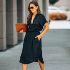 Deep V-Neck Beach Cover-Up Dress with Pockets