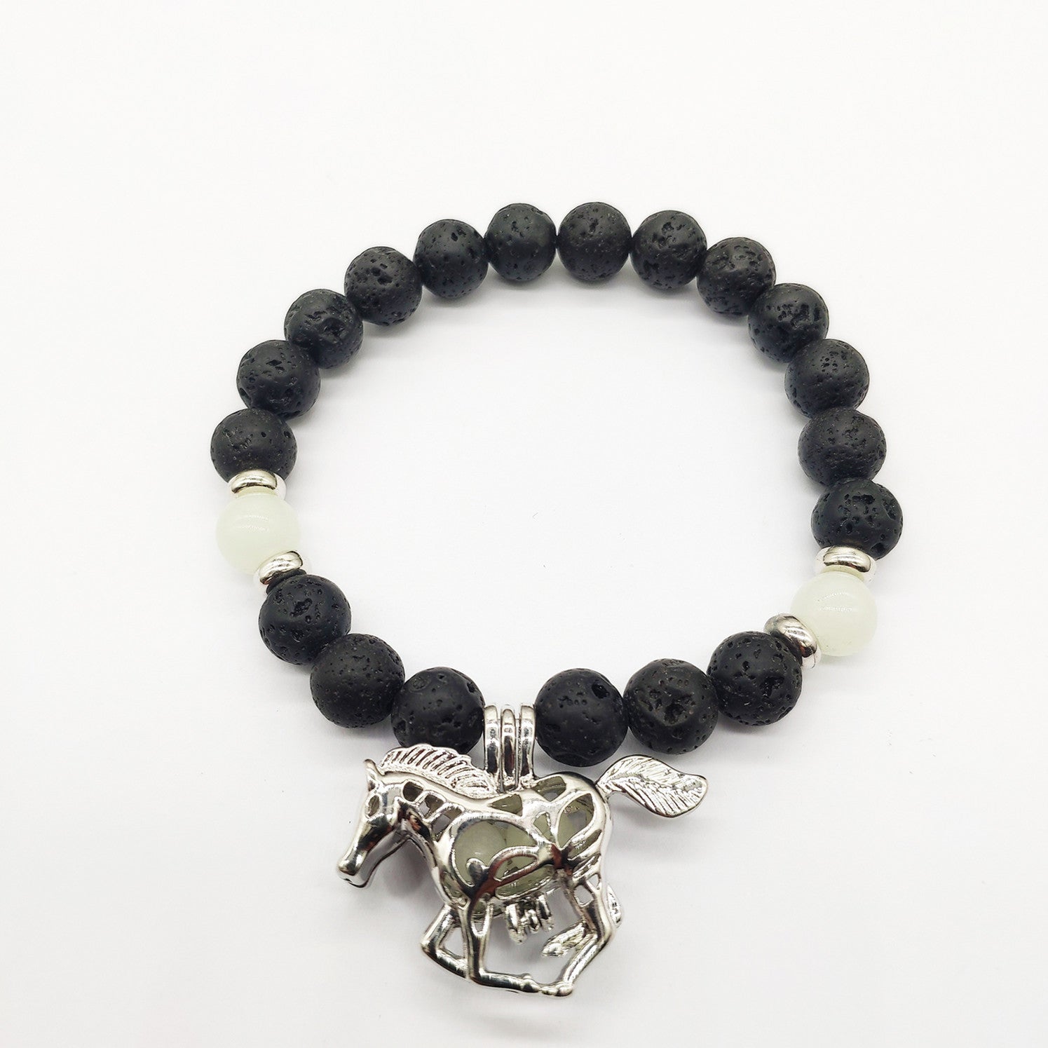 Lava Rock Beaded Bracelet with Glow-in-the-Dark Horse Charm