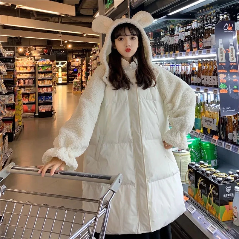 Women's Teddy Bear Parka with Faux Fur Patches