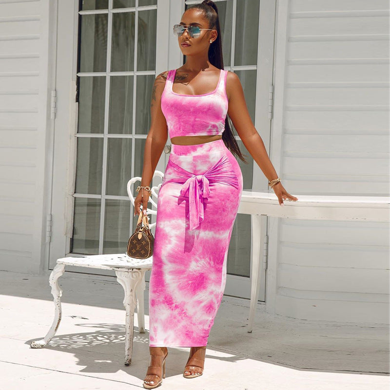 Tie-Dye Crop Top and Bodycon Skirt Two-Piece Set