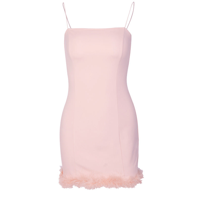 Feather Trim Spaghetti Strap Bodycon Mini Dress