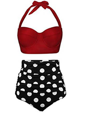 Retro Halter Top with Floral High-Waist Bikini Bottom