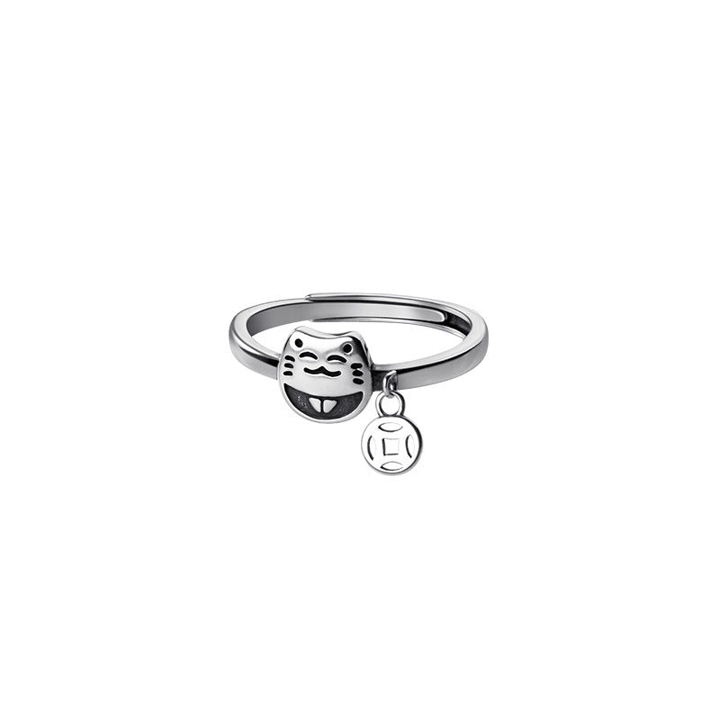Lucky Cat Ring with Coin Charm for Women