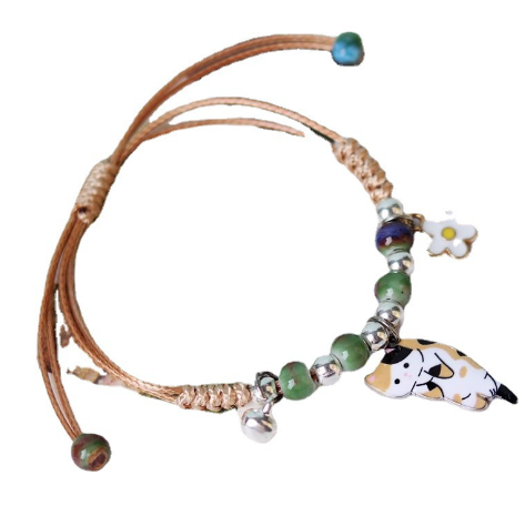 Ceramic Bead Bracelet with Cat and Flower Charm