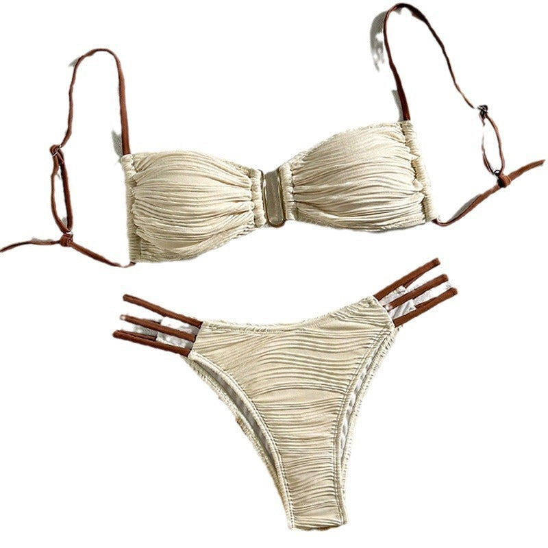 Cream Textured Bandeau Bikini Set