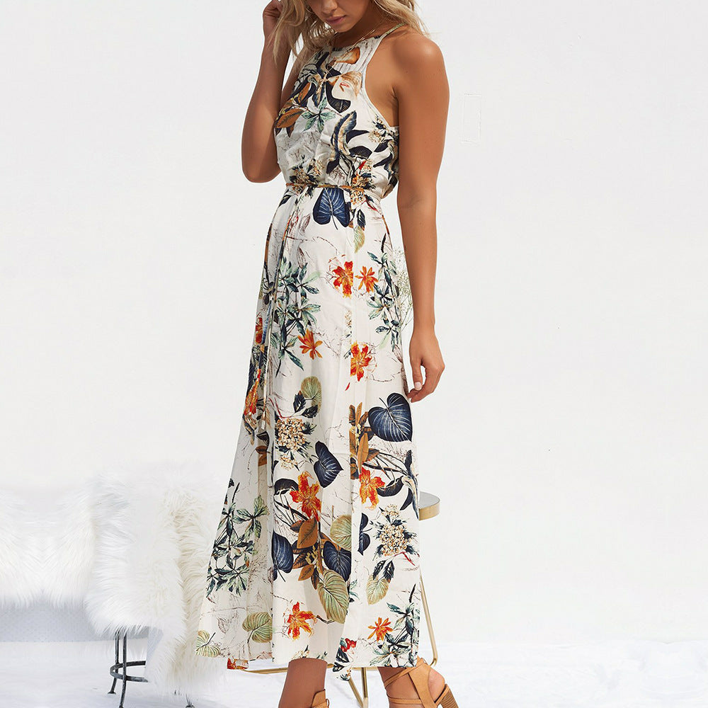 Long Printed Beach Dress with Spaghetti Straps
