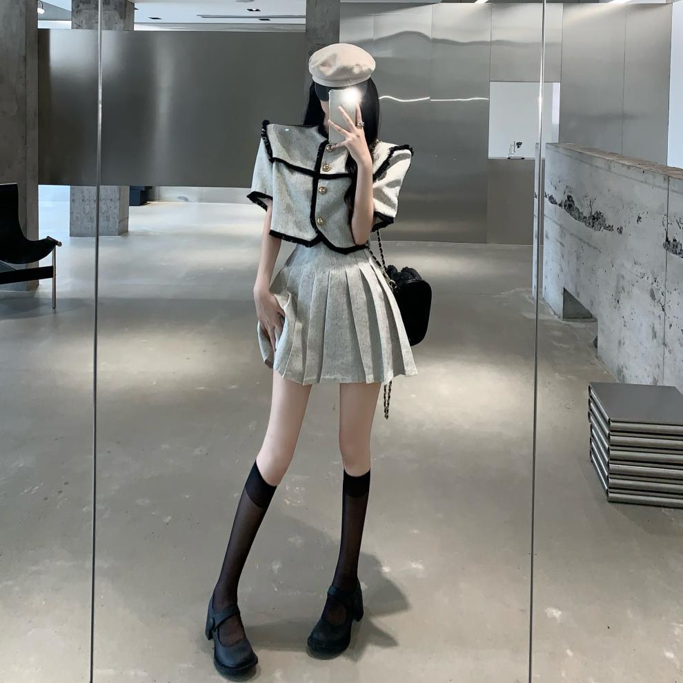Tweed Cropped Jacket and Pleated Skirt Two-Piece Set