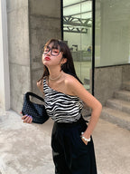 Zebra Print Women's One-Shoulder Tank Top