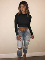 2021 Autumn Winter Women's Solid Color Crop Top T-Shirt