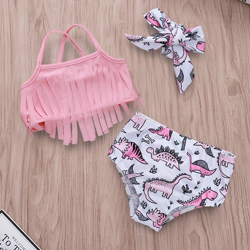 Girls Dinosaur Print Fringe Two-Piece Swimsuit Set
