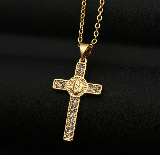 Cross with Virgin Mary Pendant Necklace - Christian Jewelry