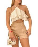 2023 New ODS3535 Ruffled Neck Halter Top & Shorts Set