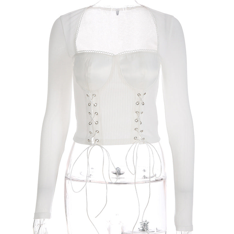 2019 Women's Long Sleeve Square Collar Lace Up Crop Top