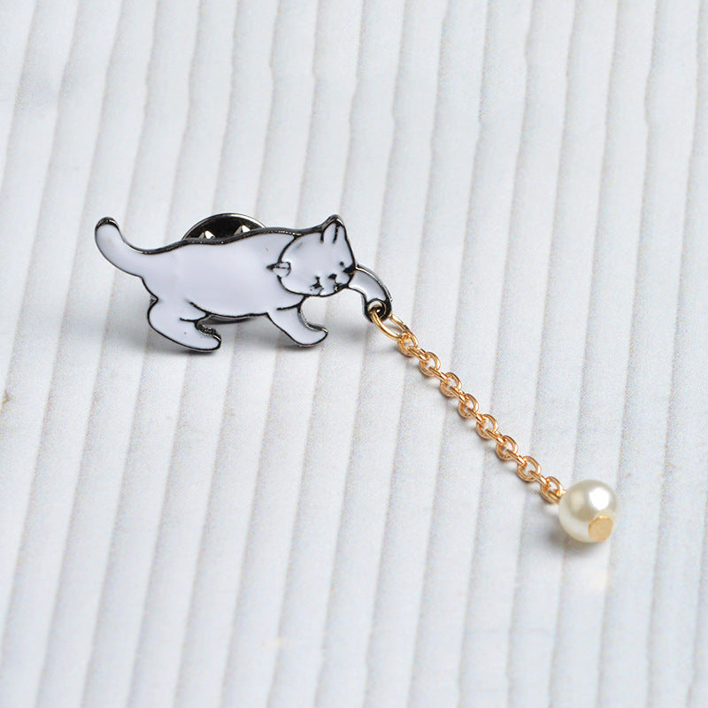Enamel Cat Brooch Pin with Pearl Drop