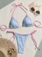 Beige Ribbed Triangle String Bikini Set