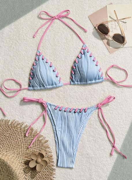 Beige Ribbed Triangle String Bikini Set