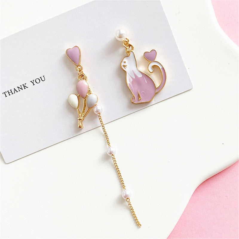 Cat and Balloon Asymmetric Earrings