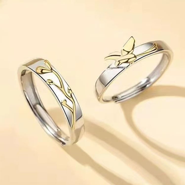 Butterfly and Floral Couple's Ring Set