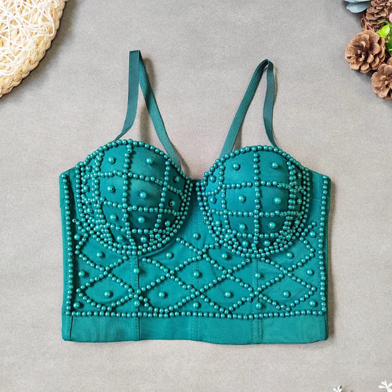 Pearl-Embellished Bustier Camisole Top