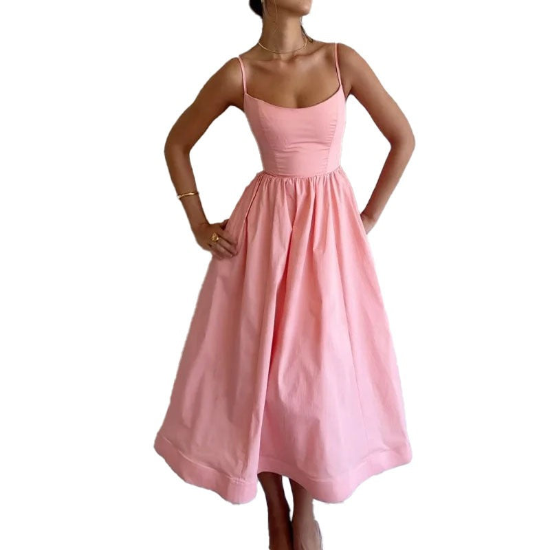 Women's Low-Cut Slim Fit Spaghetti Strap Midi Dress