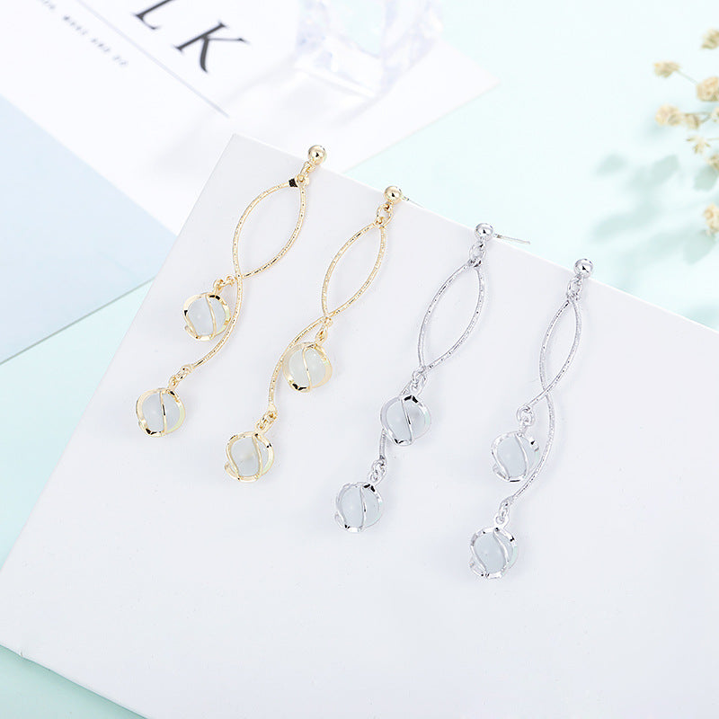 Cat Eye Stone Long Drop Earrings