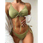 Mint Ribbed Tie-Front Drawstring Bikini Set