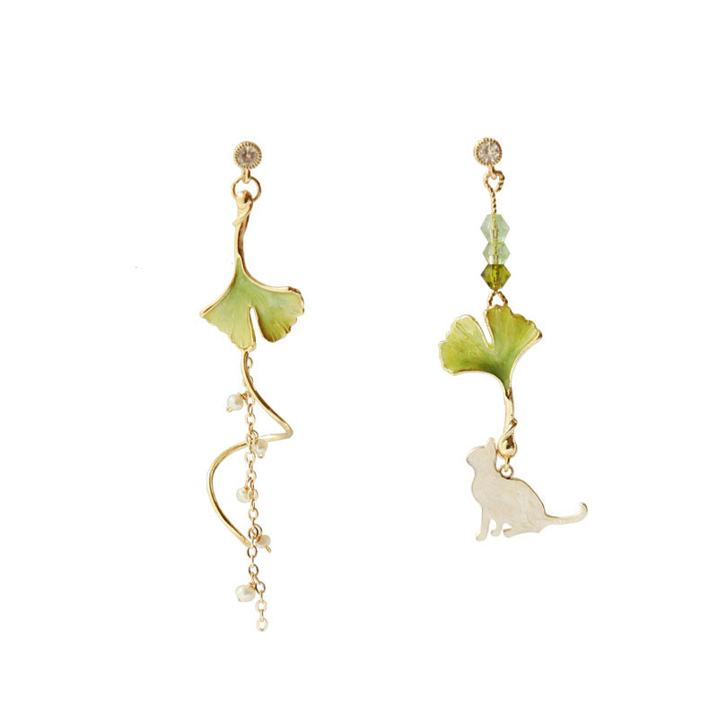 Ginkgo Leaf and Cat Drop Earrings