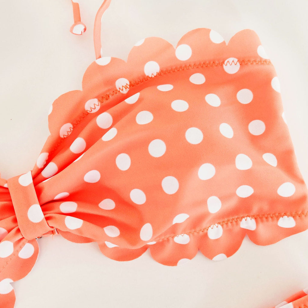 Women's Coral Polka Dot Scalloped High-Waist Bikini Set