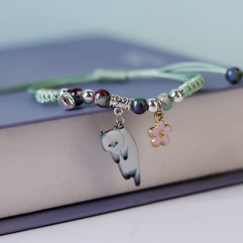 Ceramic Bead Bracelet with Cat and Flower Charm