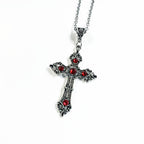 Silver Gothic Cross Necklace with Red Crystals