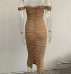 Off-Shoulder Ruched Bodycon Midi Dress