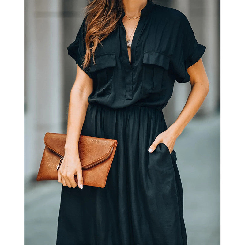 Deep V-Neck Beach Cover-Up Dress with Pockets