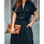 Deep V-Neck Beach Cover-Up Dress with Pockets