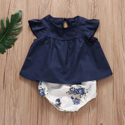 2019 Girls' White Printed Top with Denim Shorts Set