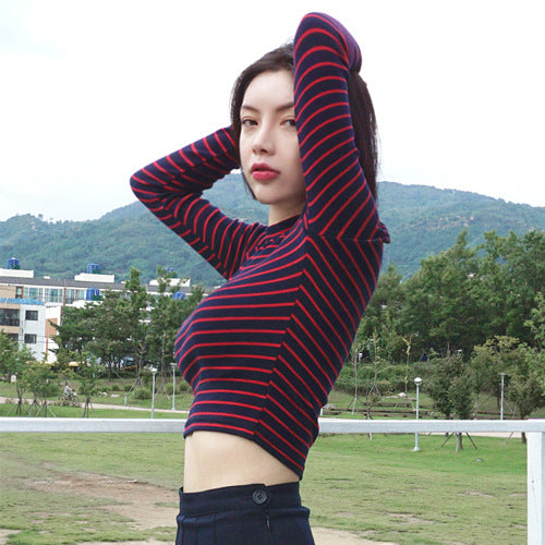 Striped Long Sleeve Crop Top Blouse