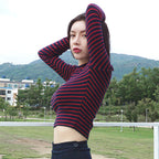 Striped Long Sleeve Crop Top Blouse