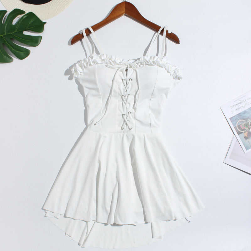 White Skirted Lace-Up One-Piece Swim Dress