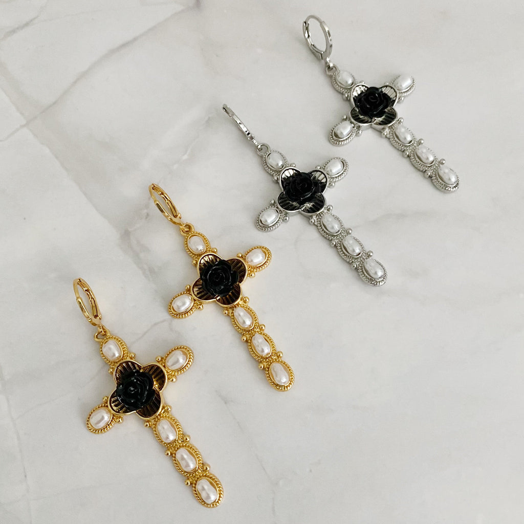 Black Rose Cross Pearl Drop Earrings